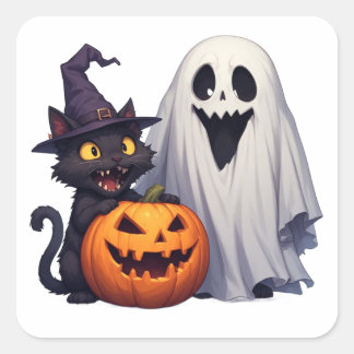Sticker Carré Trio classique de chat fantôme d'Halloween 🎃