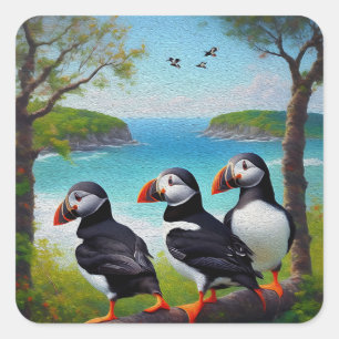 Sticker Carré Trio côtier : Trois Puffins à la plage d'Oils