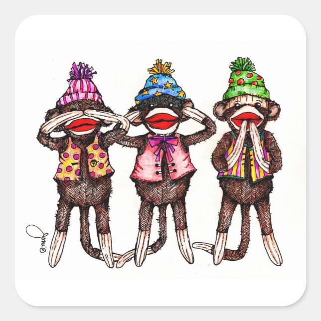 Sticker Carré Trio de singe de chaussette - ne voir, entendre, (Devant)