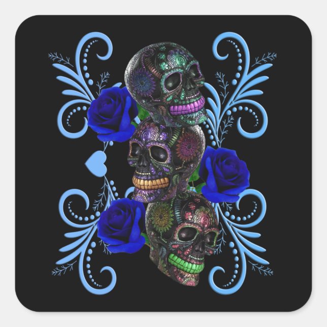 Sticker Carré Triple Jour Noir Des Crânes Morts Roses Bleus (Devant)