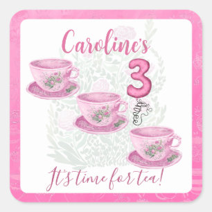 Sticker Carré Trois C'est l'heure du thé Invitation pour 3ème an