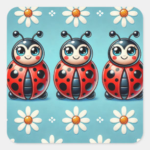 Sticker Carré Trois coccinelles colorées sur fond bleu