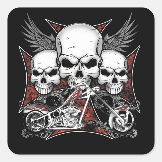 Sticker Carré Trois crânes avec motocyclette à hélico rouge (Devant)