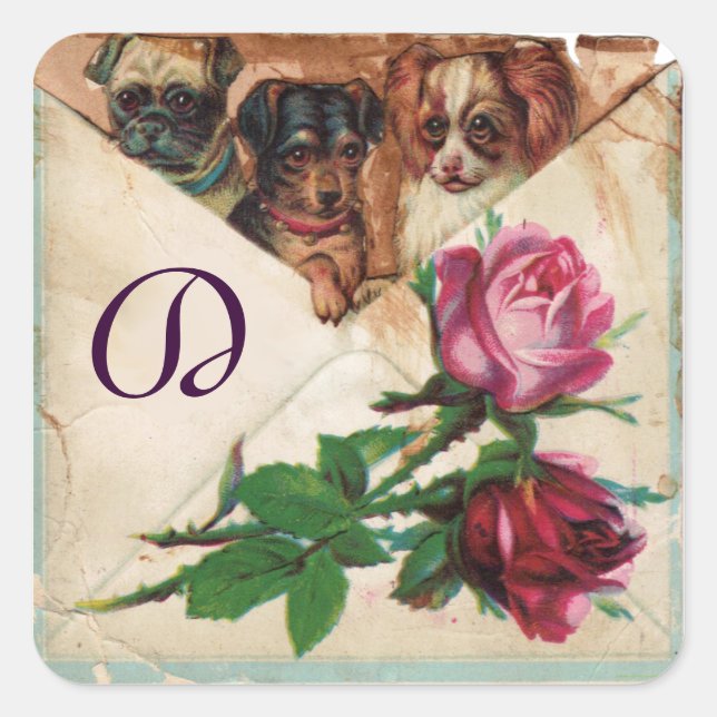 STICKER CARRÉ TROIS DOGGIES AVEC MONOGRAM ROSE (Devant)