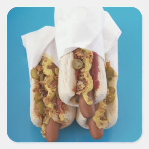 Sticker Carré Trois hot dogs en petits pains