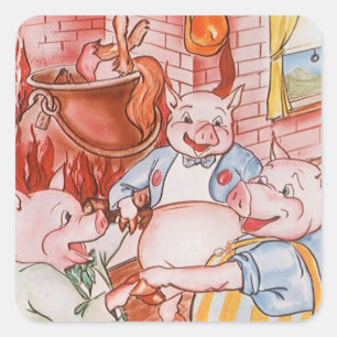 Sticker Carré Trois Petits Cochons Cuisinant Loup, Conte de Fées