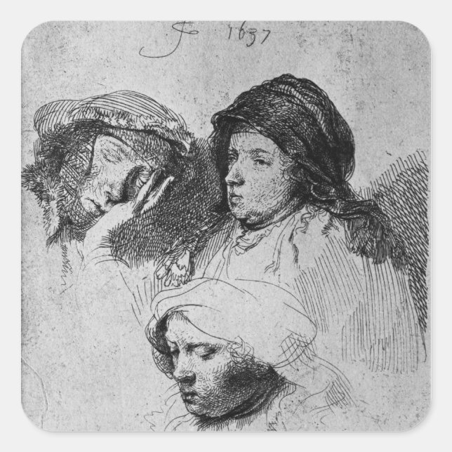 Sticker Carré Trois têtes de femmes avec un sommeil, 1637 (Devant)