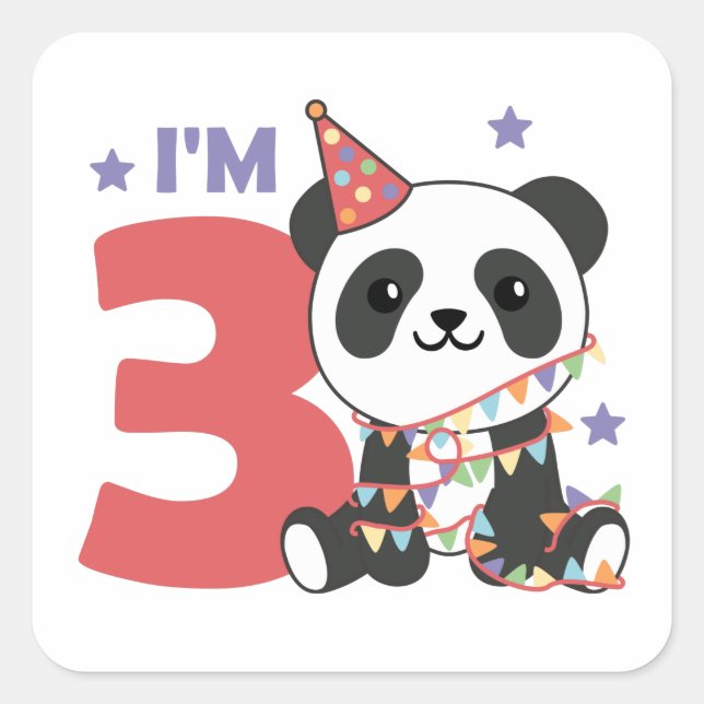 Sticker Carré Troisième Anniversaire Panda Pour Enfants 3 Ans Ca (Devant)
