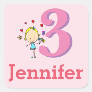 Sticker Carré Troisième anniversaire, trois ans, fille
