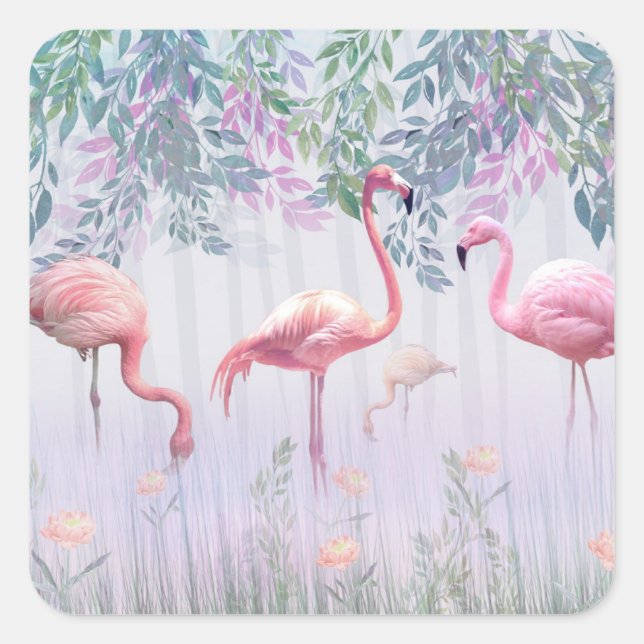Sticker Carré Tropcal Cute Family Pink Flamingos (Devant)