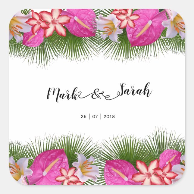Sticker Carré Tropcal Flowers and Palm Leaves Calligraphy (Devant)