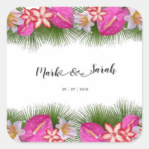 Sticker Carré Tropcal Flowers and Palm Leaves Calligraphy