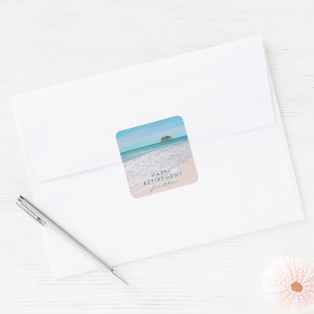 Sticker Carré Tropical Beach Custom "Bonne retraite" Party (Enveloppe)