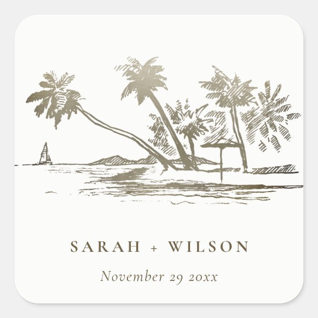 Sticker Carré Tropical Beach Palm Tree croquis Pale Gold Mariage (Devant)