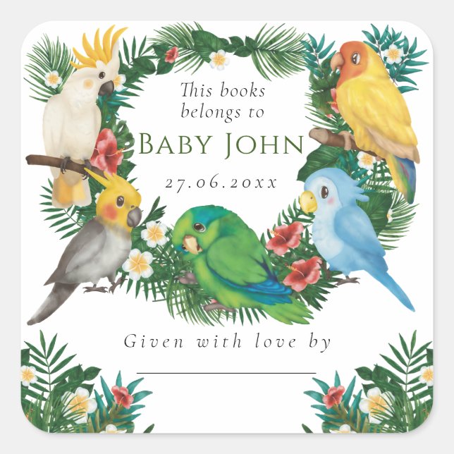 Sticker Carré Tropical Exotic bébé Baby shower de perroquets sau (Devant)