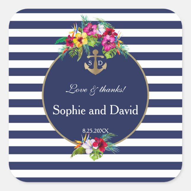 Sticker Carré Tropical Floral Luau Marine Blue Stripes Mariage (Devant)