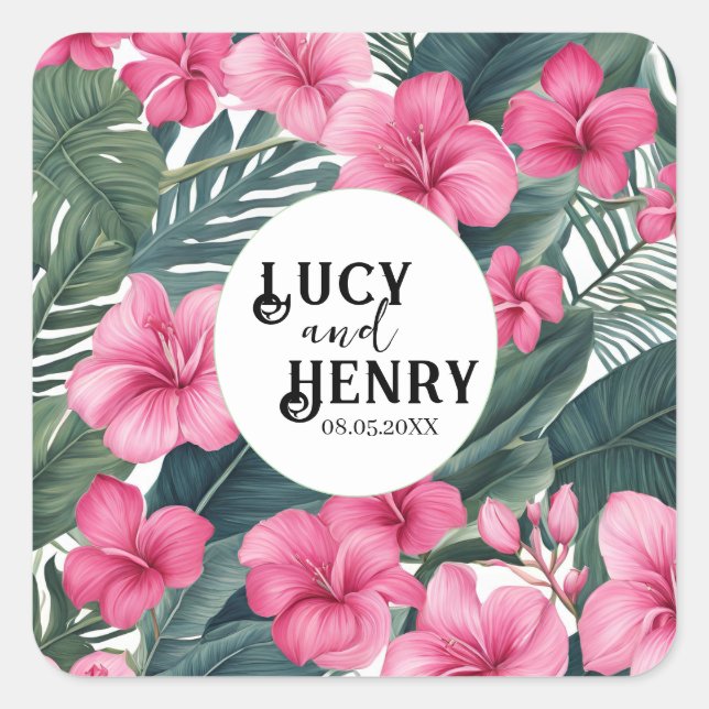 Sticker Carré Tropical Pink Holiday Floral Print Mariage (Devant)