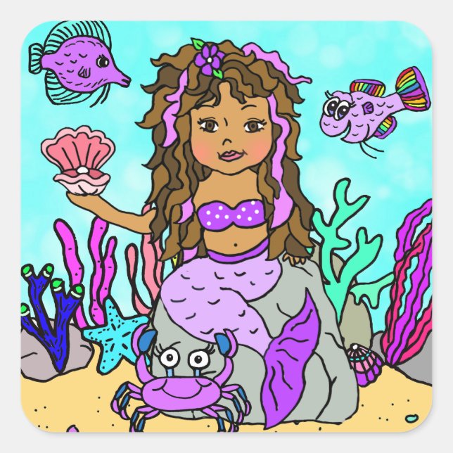 Sticker Carré Tropical Under the Sea Purple Mermaid (Devant)