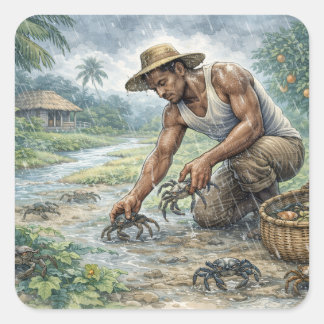 Sticker Carré Tropical Village Life: Man Catching Crabs in Rain