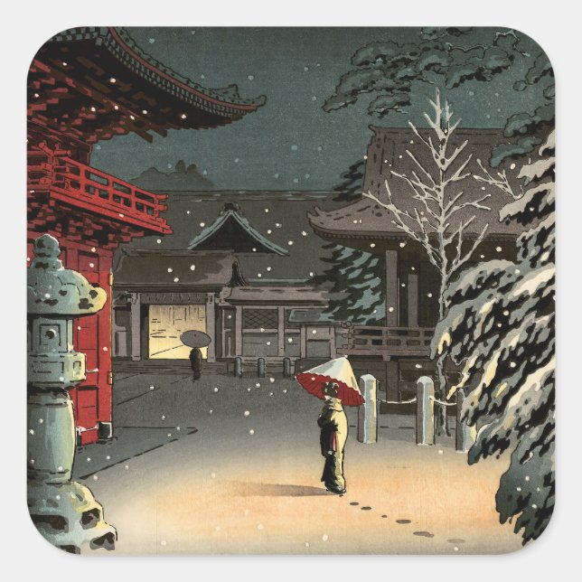 Sticker Carré Tsuchiya Koitsu - Neige au temple de Nezu (Devant)