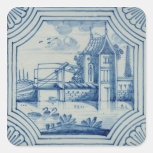 Sticker Carré Tuile de Delft montrant un pont-levis au-dessus d'