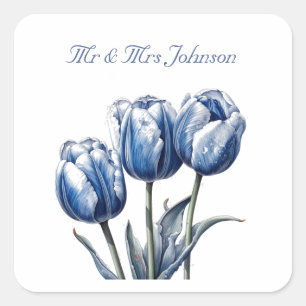 Sticker Carré Tulipes dans Delft Blue, personnalisable