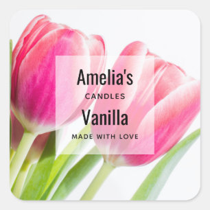 Sticker Carré Tulipes roses avec Feuilles verts - Bougies