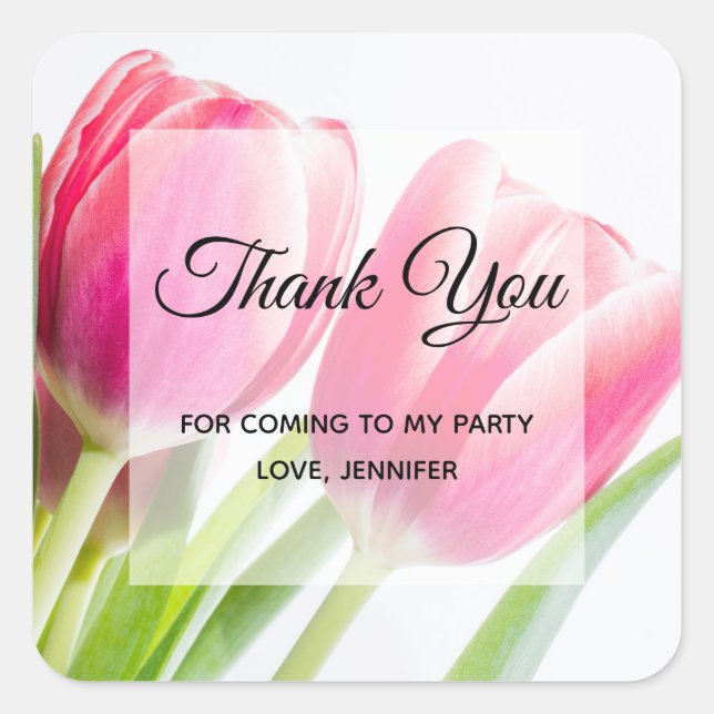 Sticker Carré Tulipes roses avec Merci du Parti Feuille vert (Devant)