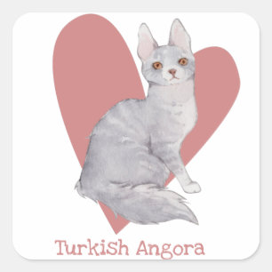 Sticker Carré Turc Angora Chat Aquarelle Kitty Coeur rose