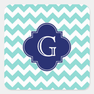 Sticker Carré Turq / Aqua Wht Chevron Navy Quatrefoil Monogramme