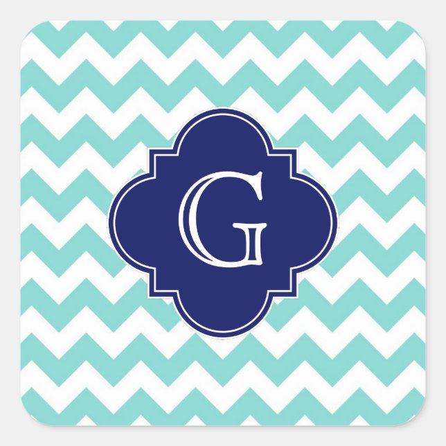 Sticker Carré Turq / Aqua Wht Chevron Navy Quatrefoil Monogramme (Devant)