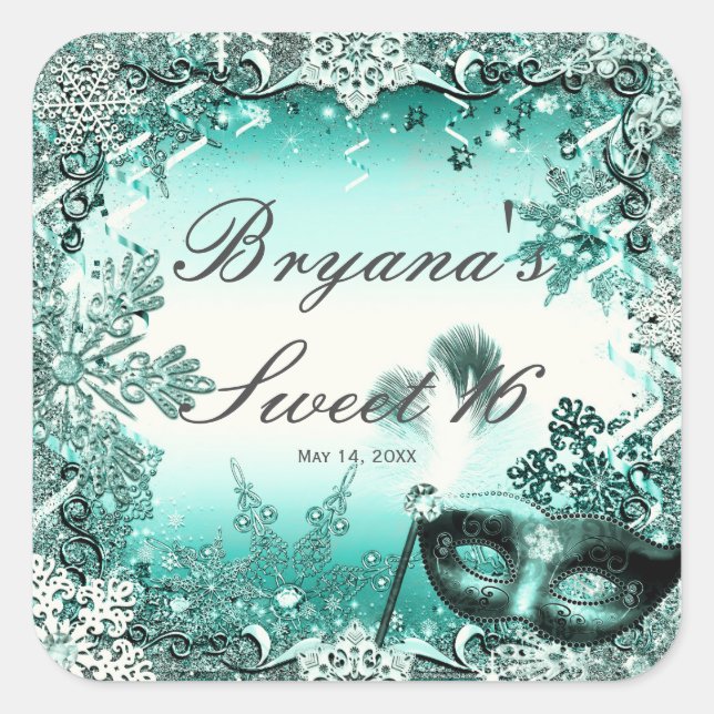 Sticker Carré Turquoise Aqua Green Winter Masquerade & Snowflake (Devant)
