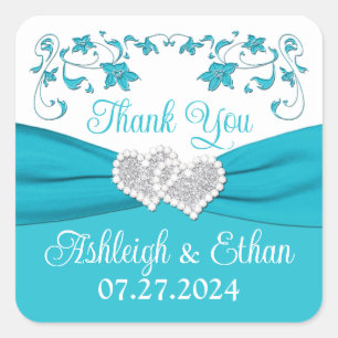 Sticker Carré Turquoise, Argent Coeurs Amour Mariage Faveur