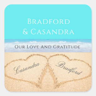 Sticker Carré Turquoise Blue Beach Mariage 2 Coeurs dans le sabl