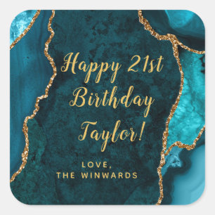 Sticker Carré Turquoise Blue et Gold Agate Joyeux anniversaire