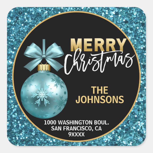 Sticker Carré Turquoise Blue Gold Parties scintillant Adresse de (Devant)
