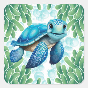 Sticker Carré Turquoise Blue Sea Turtle Seawey Boy Baby shower