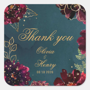 Sticker Carré Turquoise Bordeaux Joyaux Tons Mariage Merci