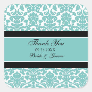 Sticker Carré Turquoise Damask Merci Wedding Favor Tags
