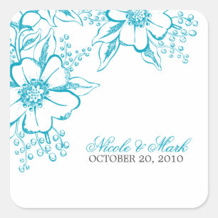 Sticker Carré Turquoise Floral Letterpress Style Mariage