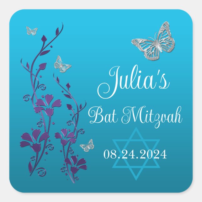 Sticker Carré Turquoise, Floral Violet, Bat mitzvah de papillons (Devant)