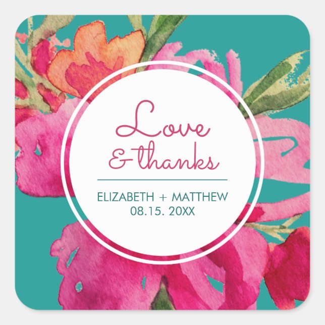Sticker Carré Turquoise Fuchsia Merci Mariage Floral (Devant)