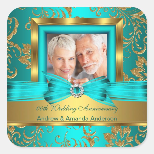 Sticker Carré Turquoise Gold Floral Photo 50e Mariage Anniversai (Devant)