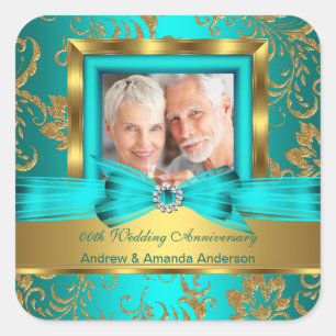 Sticker Carré Turquoise Gold Floral Photo 50e Mariage Anniversai