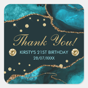 Sticker Carré Turquoise & Paillettes de Faux Or Anniversaire Aga