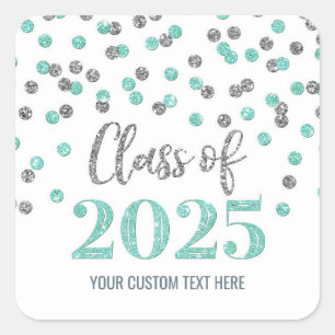 Sticker Carré Turquoise Silver Confetti Graduation 2025