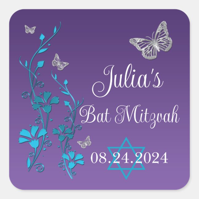 Sticker Carré Turquoise, Violet Floral, Papillons Bar Mitzvah (Devant)