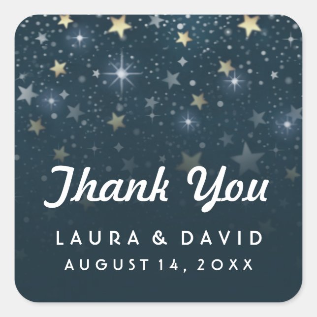 Sticker Carré Turquoise White et Gold Stars Mariage Merci (Devant)
