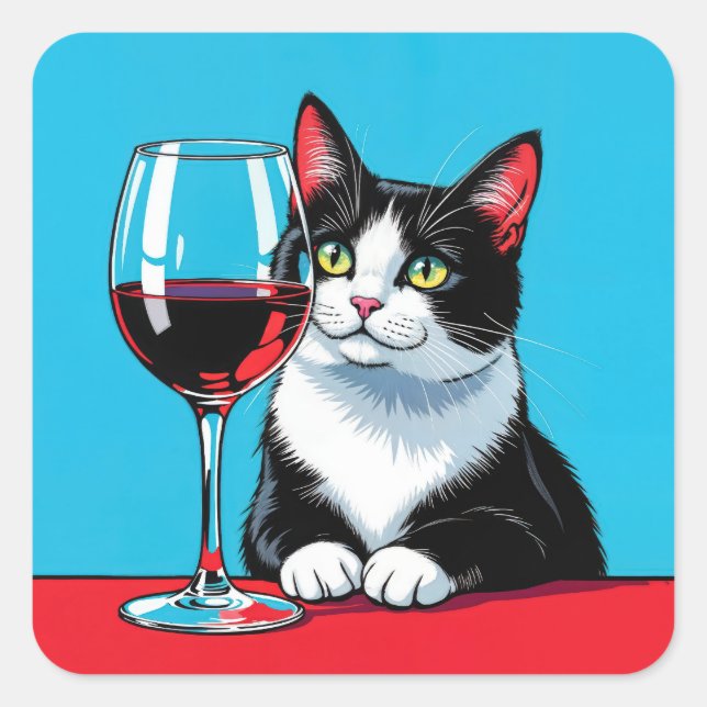 Sticker Carré Tuxedo Cat With Red Wine (Devant)