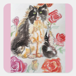 Sticker Carré Tuxedo Chat Cute Rose Fleurs Chats Aquarelle Rose